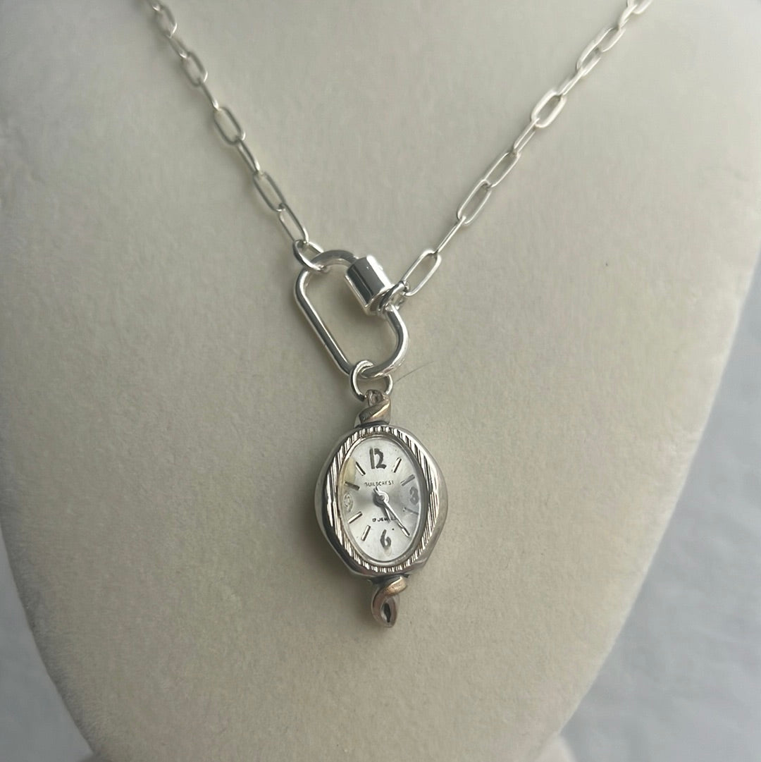 Silver Paper Clip Watch Charm Necklace