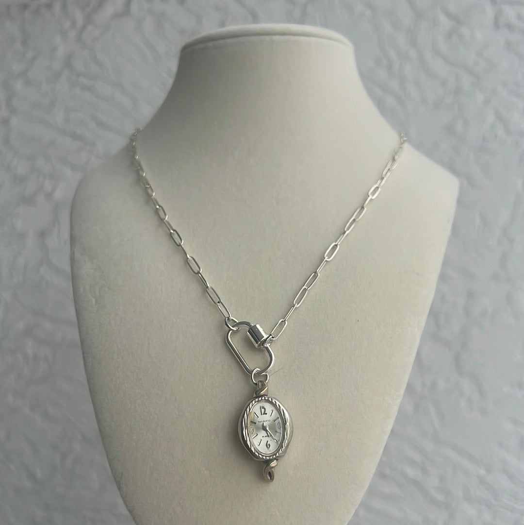 Silver Paper Clip Watch Charm Necklace