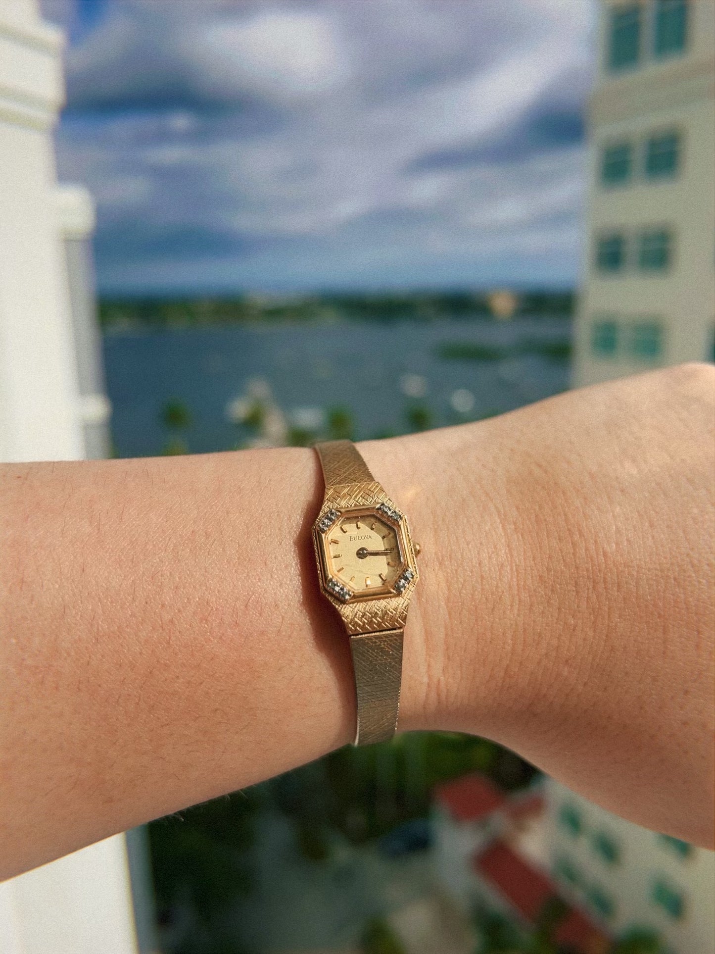 Gold Bulova Vintage Watch with Diamond Chips