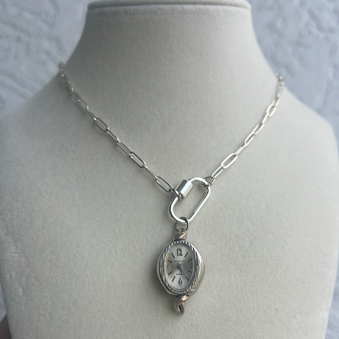 Silver Paper Clip Watch Charm Necklace