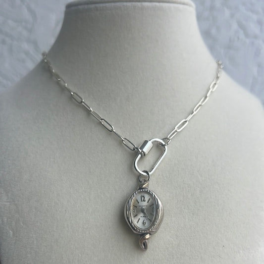 Silver Paper Clip Watch Charm Necklace