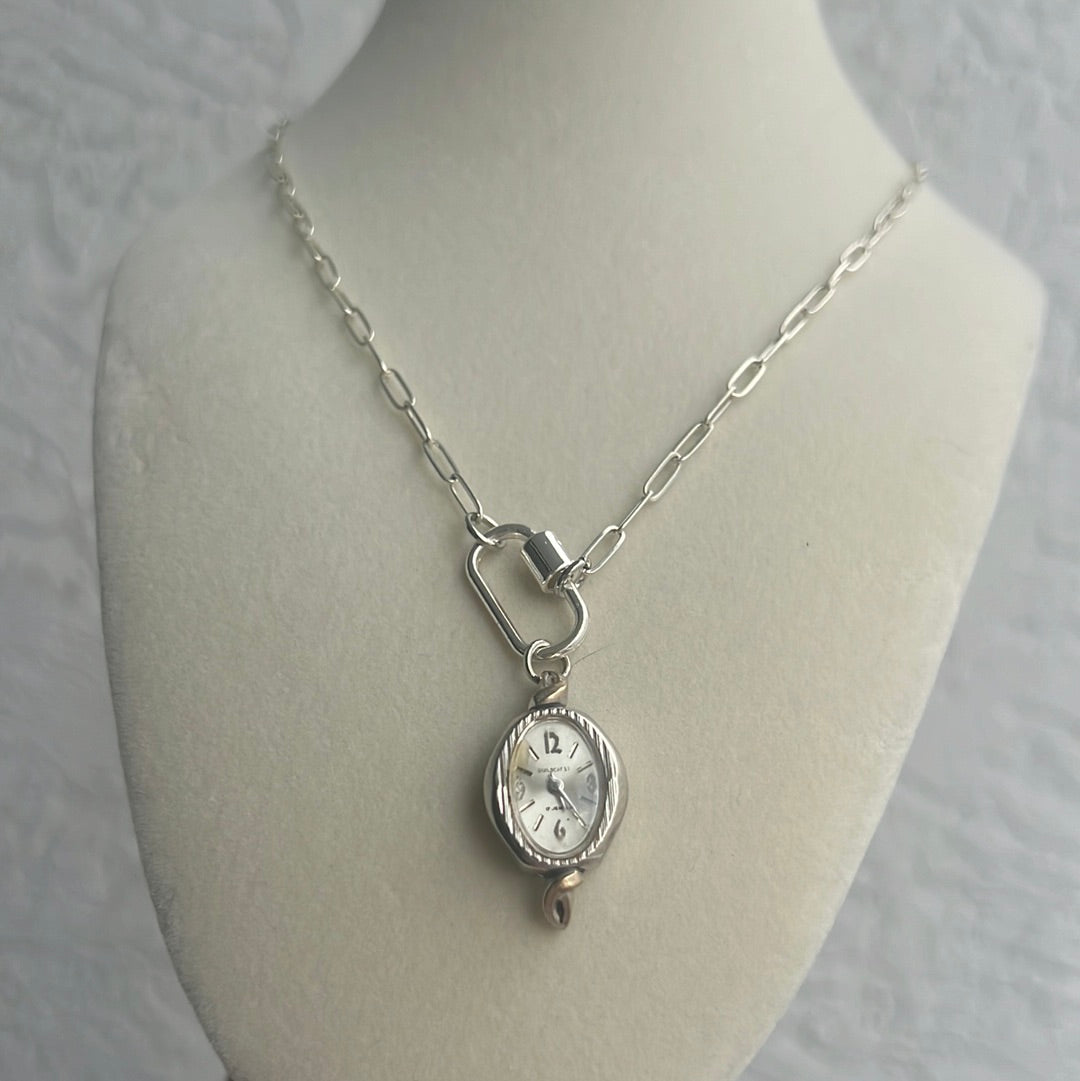 Silver Paper Clip Watch Charm Necklace